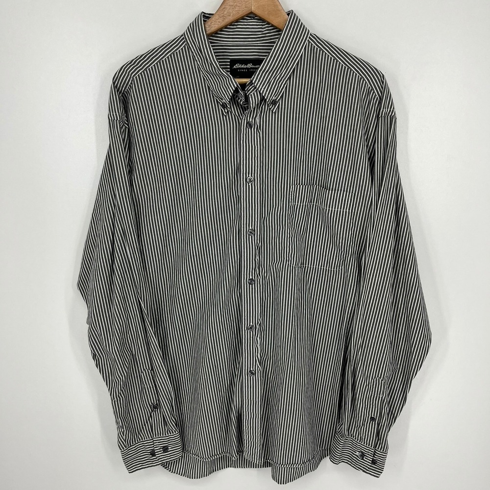 Eddie Bauer Mens XL Striped Button Down Shirt Long Sleeve Grey White Cotton